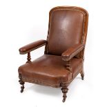 A VICTORIAN WALNUT FRAMED RECLINING ARMCHAIR with brown leather upholstery, patent R Reid & Co Kilm,