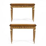 A PAIR OF GEORGIAN STYLE GILT AND SATINWOOD SIDE TABLES 111cm wide x 48cm deep x 81cm high (2)