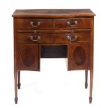 AN ANTIQUE GEORGE III STYLE MAHOGANY SERPENTINE SIDEBOARD of small proportions, one long and two