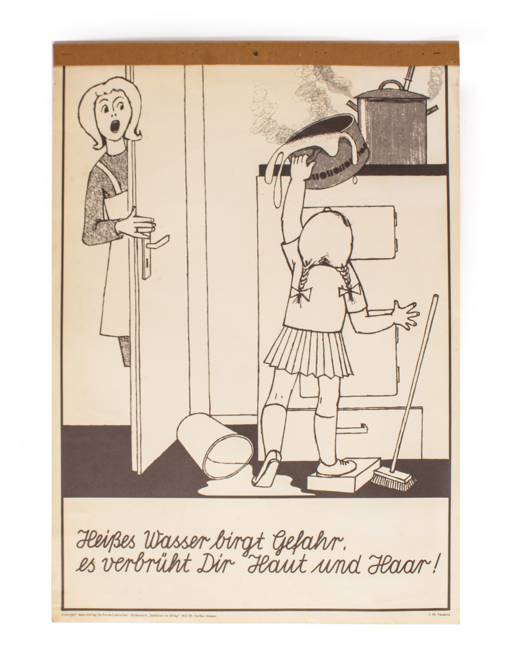 A GERMAN EDUCATIONAL POSTER depicting the dangers of sliding down the banister to one side and