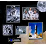 BUZZ ALDRIN, NEIL ARMSTRONG, MICHAEL COLLINS SIGNATURES to an Apollo 11 photo, mounted in a