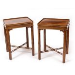 TWO GEORGIAN STYLE MAHOGANY SIDE TABLES with cross stretchers 50cm wide x 42cm deep x 67cm high