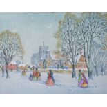 WINIFRED SCUTT (1890-) A Christmas scene, ice skating, watercolour 12cm x 16cm, and a further church