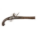 A REPLICA FLINTLOCK PISTOL with inlaid stock of Oriental style, 45cm