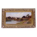 A LATE 19TH / EARLY 20TH CENTURY ENGLISH SCHOOL OIL PAINTING 'Cattle watering in a river', bearing