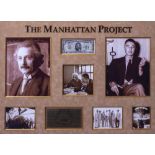 ALBERT EINSTEIN AND ROBERT OPPENHEIMER SIGNATURES on a $5 bill mounted and framed with a Manhattan