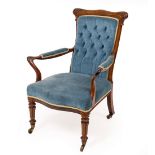 A VICTORIAN ROSEWOOD BLUE DRAYLON UPHOLSTERED OPEN ARMCHAIR 65cm wide x 91cm high