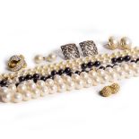 A COLLECTION OF JEWELLERY comprising two cultured pearl single strand necklaces, a freshwater