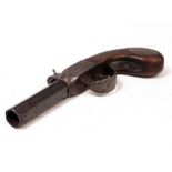 A 19TH CENTURY PERCUSSION CAP PISTOL with a hexagonal barrel, the fruitwood handle with an