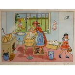 A PAIR OF CONTINENTAL EDUCATIONAL POSTERS depicting a mother and her children doing housework,