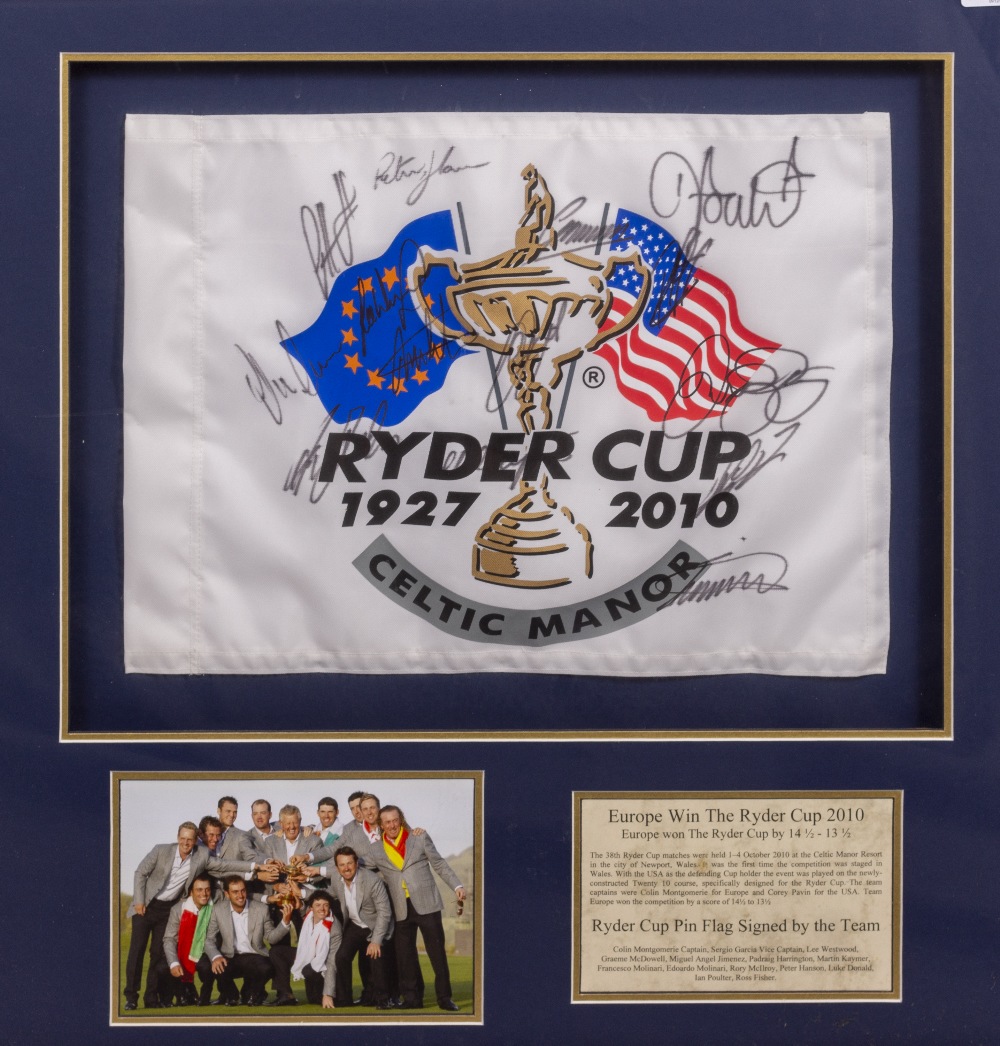 A SIGNED PIN FLAG FROM 2010 RYDER GOLF CUP signed by Colin Montgomerie, Sergio Garcia, Lee