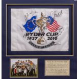 A SIGNED PIN FLAG FROM 2010 RYDER GOLF CUP signed by Colin Montgomerie, Sergio Garcia, Lee