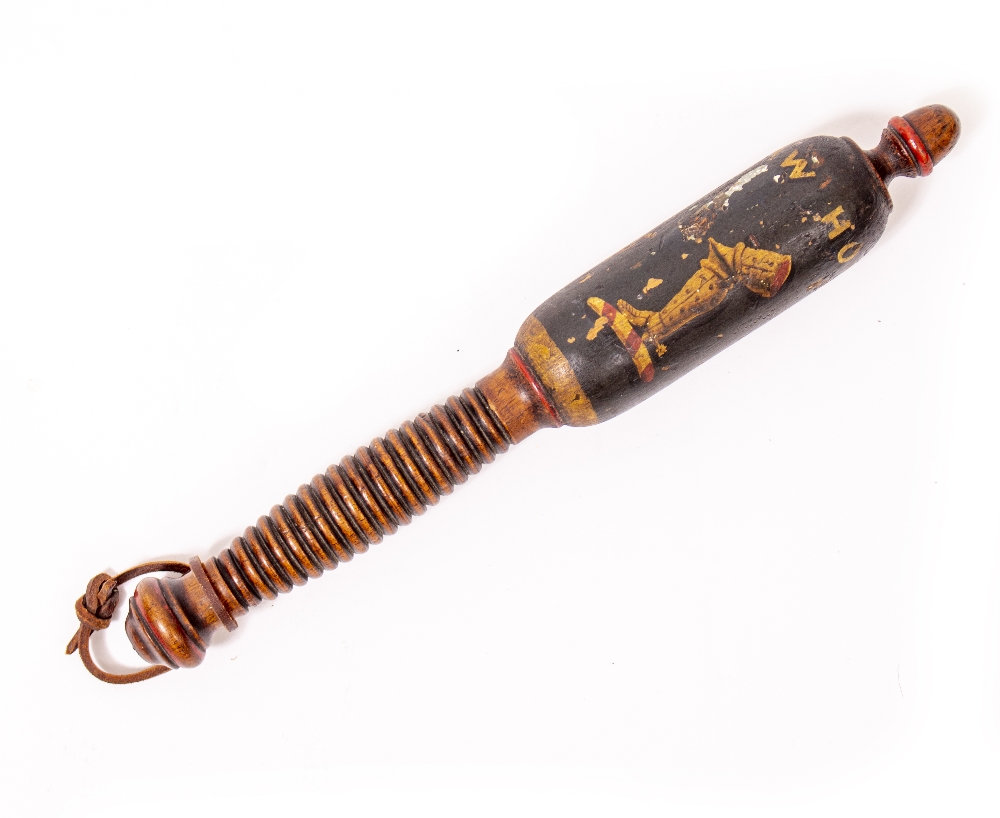 A PAINTED TRUNCHEON NAMED TO SHAW HOUSE bearing initials VR and Eyre family coat of arms