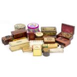 A COLLECTION OF BOXES AND TINS to include Huntley & Palmers, John Player, 'Patriotic' button hole