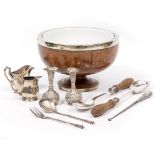 A SILVER PLATED SALAD BOWL AND SERVERS together with a silver button hook with marks for