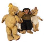 THREE TEDDY BEARS AND A TOY MONKEY the tallest 65cm