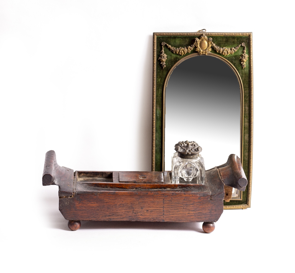 A 19TH CENTURY CARVED WOODEN DESK STAND with a glass inkwell, 32.5cm wide x 12cm deep x 13cm high