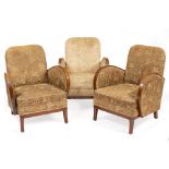A SET OF THREE ART DECO STYLE SMALL ARMCHAIRS with curving arms and square tapering legs, 69cm