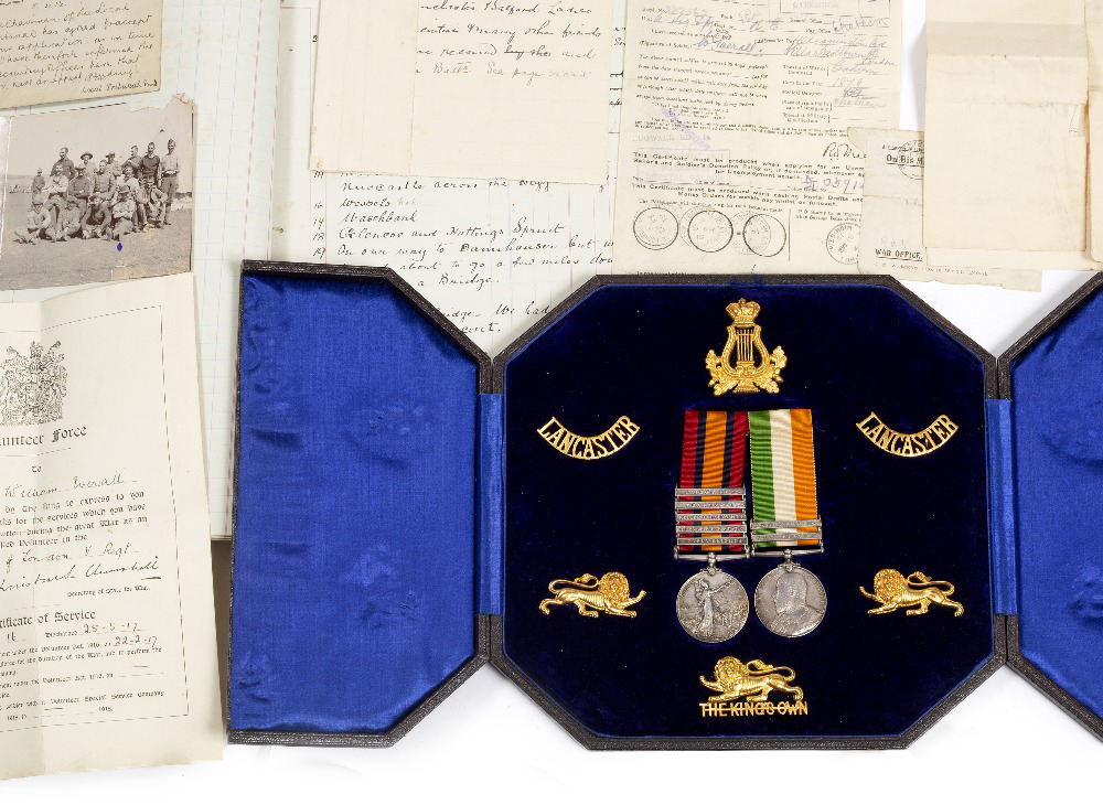 THE W. EVERALL BOER WAR ROYAL LANCS MEDALS AND BARS, General Service and associated cap badge and