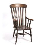 A LATH BACK WINDSOR CHAIR with turned legs, 39cm wide x 117cm high
