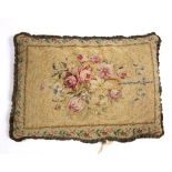 A FLORAL DECORATED TAPESTRY UPHOLSTERED CUSHION 62cm x 46cm