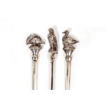 THREE VICTORIAN SILVER SKEWERS depicting a mallard, a bird of prey and a grouse, with marks for