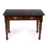 A VICTORIAN MAHOGANY TWIN DRAWER SIDE TABLE with a later black marble top and turned supports,