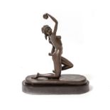 A BRONZE FIGURE OF A FEMALE NUDE the kneeling figure holding aloft a ball, the base impressed 'H