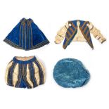 A CHILD'S TUDOR COSTUME in blue velvet to include doublet, breeches, cloak and cap (4)