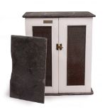 A SLATE MEAT SAFE with white painted wooden doors and manufacturers label, 62cm wide x 40cm deep x