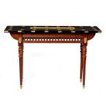 A MODERN CONSOLE TABLE with parcel gilt ebonised rectangular top, the base with turned legs (the two