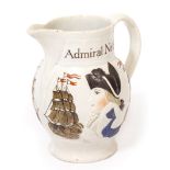 AN EARLY 19TH CENTURY PEARLWARE JUG depicting Admiral Nelson and Captain Berry, 13cm wide x 13cm