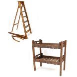 A TWO TIER APPLE RACK 'R C CLARK & SONS' 84cm x 45cm x 90cm, a step ladder 159cm, cobbler's clamp