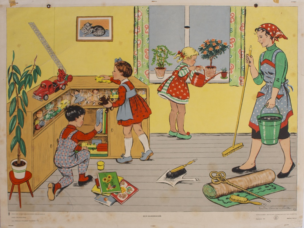 A PAIR OF CONTINENTAL EDUCATIONAL POSTERS depicting a mother and her children doing housework, - Image 2 of 2