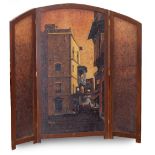 A THREE SECTION PAINTED SCREEN 206cm wide x 190cm high