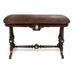 AN EARLY VICTORIAN THUYA AND EBONISED WOOD WRITING TABLE with a brown leather inset top, a single