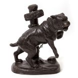 AFTER MENE a bronze figure of a bulldog, with studded collar and chained to a post, 33cm high