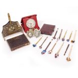 A SMALL GROUP OF VICTORIAN LACE BOBBINS a mosaic photo frame, a West End Watch Company desk