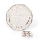 A PORTUGUESE WHITE METAL PRESENTATION SALVER inscribed 'A amigo Capitao Alan Villiers, Desejando-lhe