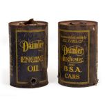 A DAIMLER FIVE GALLON OIL CAN of cylindrical drum form with Torquay Motors fragment label tied to