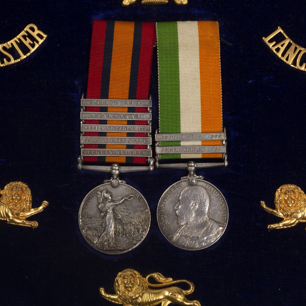 THE W. EVERALL BOER WAR ROYAL LANCS MEDALS AND BARS, General Service and associated cap badge and - Image 2 of 4