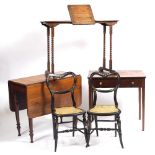 A SMALL MAHOGANY SIDE TABLE a drop leaf table, a narrow oak reading table and a pair of Victorian