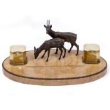 A MARBLE DESK STAND mounted with bronze deer and brass boxes, 42cm x 11.5cm