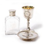 A VICTORIAN SILVER AND PARCEL GILT TRAVELLING COMMUNION CHALICE AND PATON and matching silver