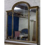 A 19TH CENTURY GILT FRAMED TRIPLE GLASS OVERMANTLE MIRROR with an arching top and column supports,
