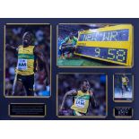 USAIN BOLT SIGNED PHOTOGRAPH mounted in a display with further photographs, framed 68cm x 85cm