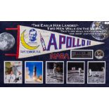 BUZZ ALDRIN, NEIL ARMSTRONG, MICHAEL COLLINS SIGNED PENNANT from Apollo 11 mission, with caption "
