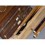 A COLLECTION OF FISHING AND SNOOKER EQUIPMENT to include a Farlow's holding net, rods, cues,