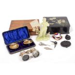 A COLLECTION OF COSTUME JEWELLERY to include brooches and silver salts, carved hardstone figure,