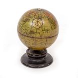 A CLARK & CO ANCHOR MACHINE COTTON SMALL TERRESTRIAL GLOBE SHAPED THREAD HOLDER on a turned ebonised